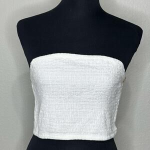 Midnight Sky Linen Blend Bandeau Crop Top Shirred Smocked White – Size L